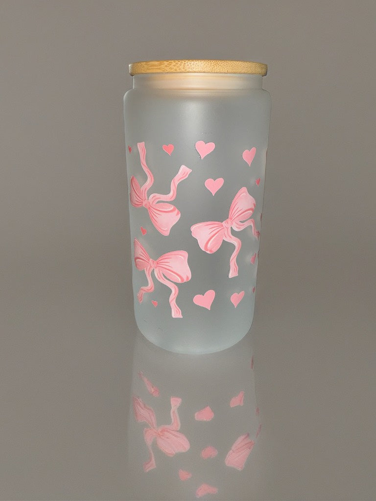 🎀 Pink Bows & Hearts Frosted Glass Cup