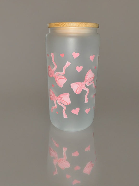 🎀 Pink Bows & Hearts Frosted Glass Cup
