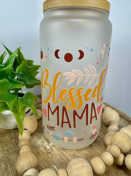 Blessed Mama FROSTED 16oz Glass Cup with Vibrant DTF Wrap