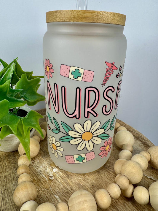 Nurses 16oz Glass Cup with Vibrant DTF Wrap