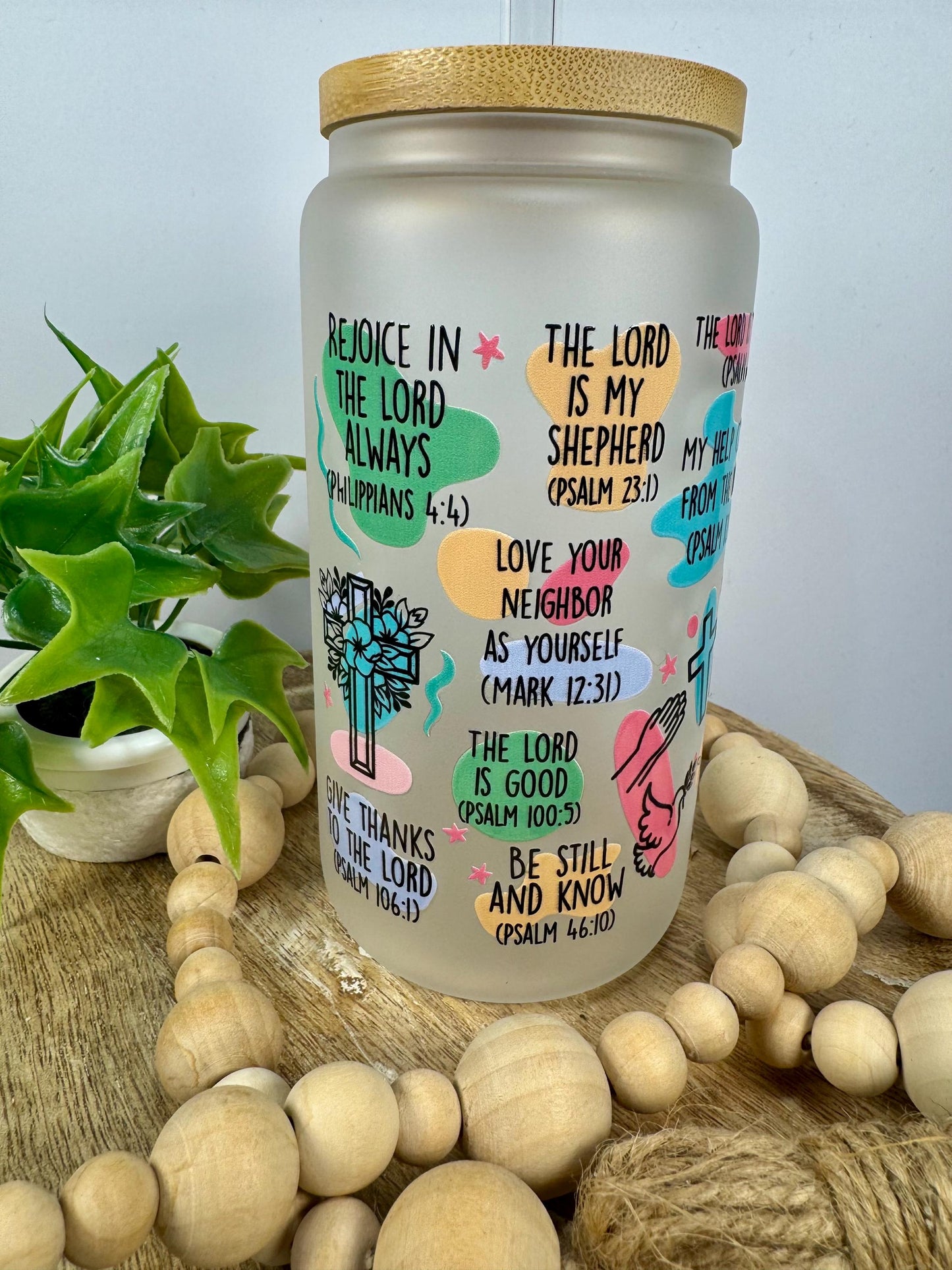 Bible Affirmations 16oz Glass Cup with Vibrant DTF Wrap