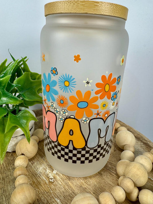 Mama with Flowers 16oz Glass Cup with Vibrant DTF Wrap