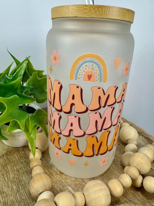 Mama Mama Mama 16oz Glass Cup with Vibrant DTF Wrap