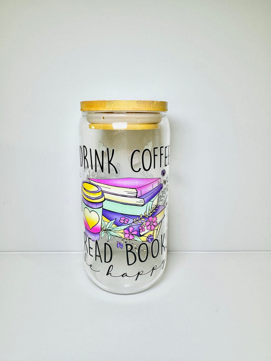Drink Coffe, Read Books Glass Cup With Bamboo Lid & Reusable Straw for Book lovers