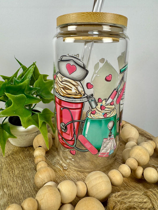 Nurse style 16oz Glass Cup with Vibrant DTF Wrap