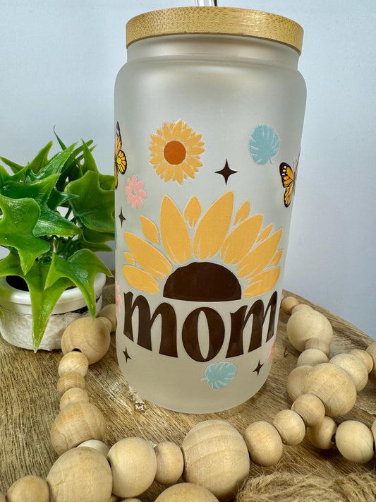 Mama Sunflower 16oz Glass Cup with Vibrant DTF Wrap