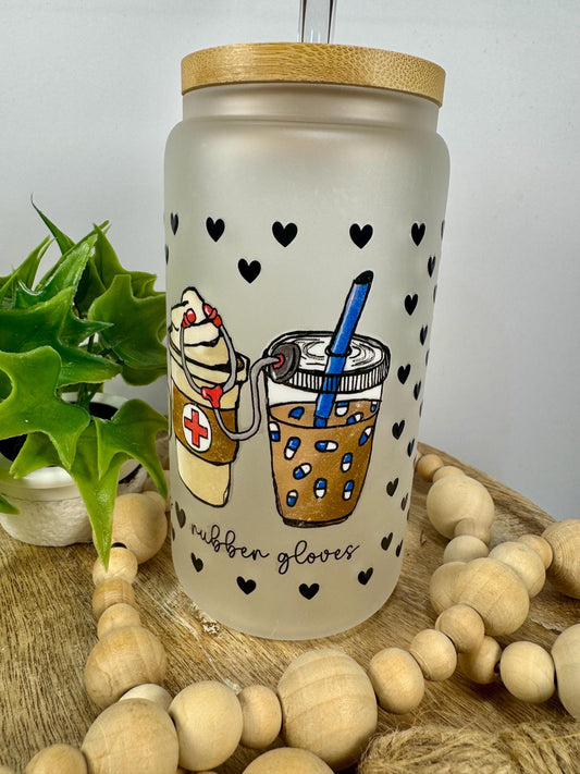 Coffee Scrubs & Rubber Gloves 16oz Glass Cup with Vibrant DTF Wrap