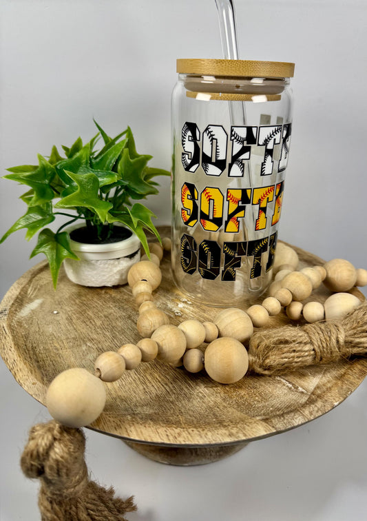 Softball Glass Cup With Bamboo Lid & Reusable Straw for Softball Players or Softball Moms