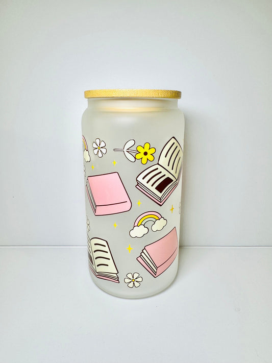 Books Glass Cup With Bamboo Lid & Reusable Straw for Book lovers