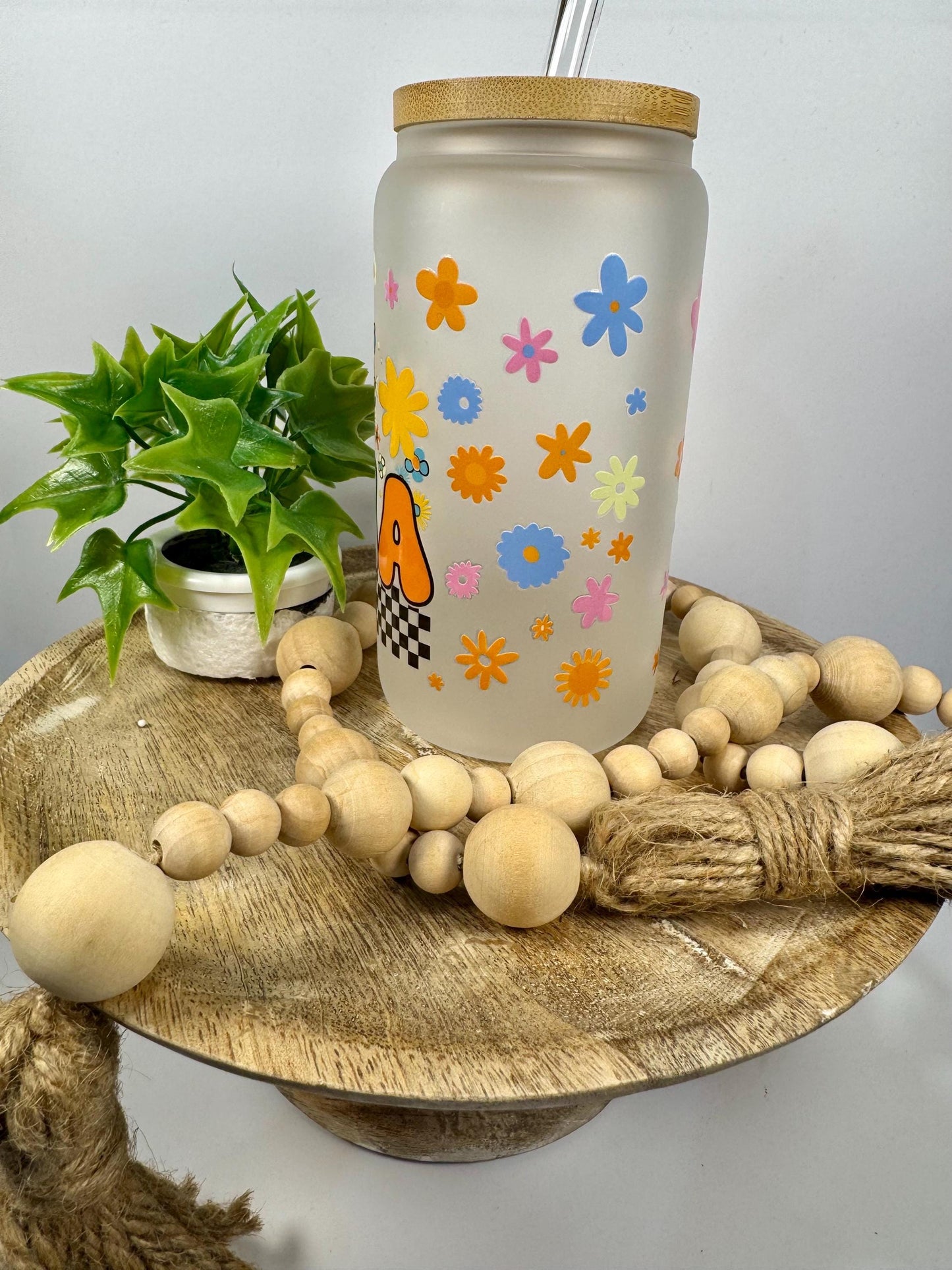 Mama with Flowers 16oz Glass Cup with Vibrant DTF Wrap