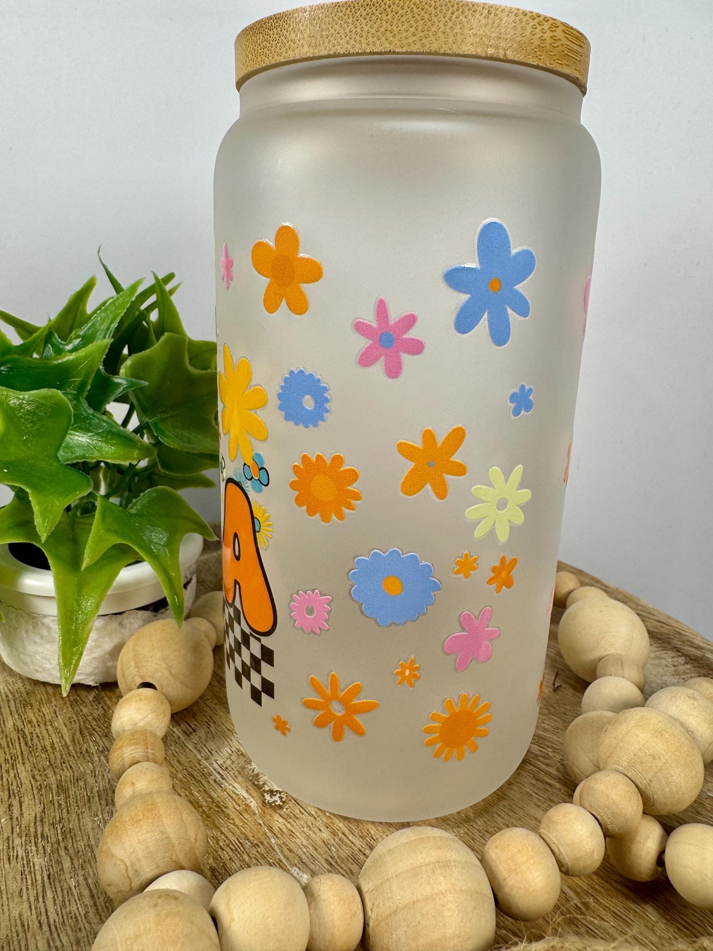 Mama with Flowers 16oz Glass Cup with Vibrant DTF Wrap