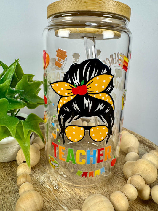 Teacher 16oz Glass Cup with Vibrant DTF Wrap