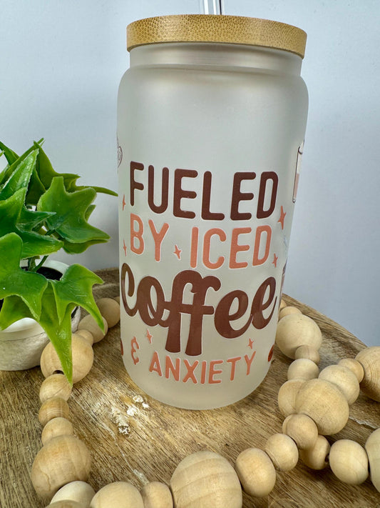 Filed By Iced Coffee & Anxiety 16oz Glass Cup with Vibrant DTF Wrap