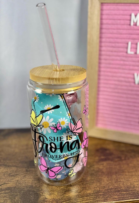 16oz Glass Cup with DTF Wrap Gift Set- With Bamboo Lid & Reusable Straw- Curated Self Care gift- thoughtful present for her