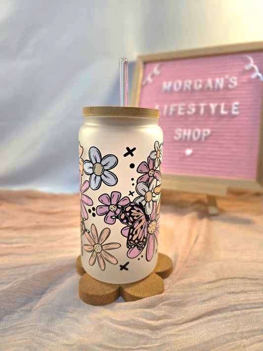 Flowers & Butterflies 16oz Frosted Glass Cup with Vibrant DTF Wrap