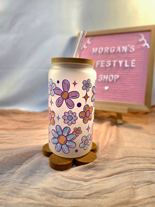 Vibrant Flower 16oz Frosted Glass Cup with Vibrant DTF Wrap