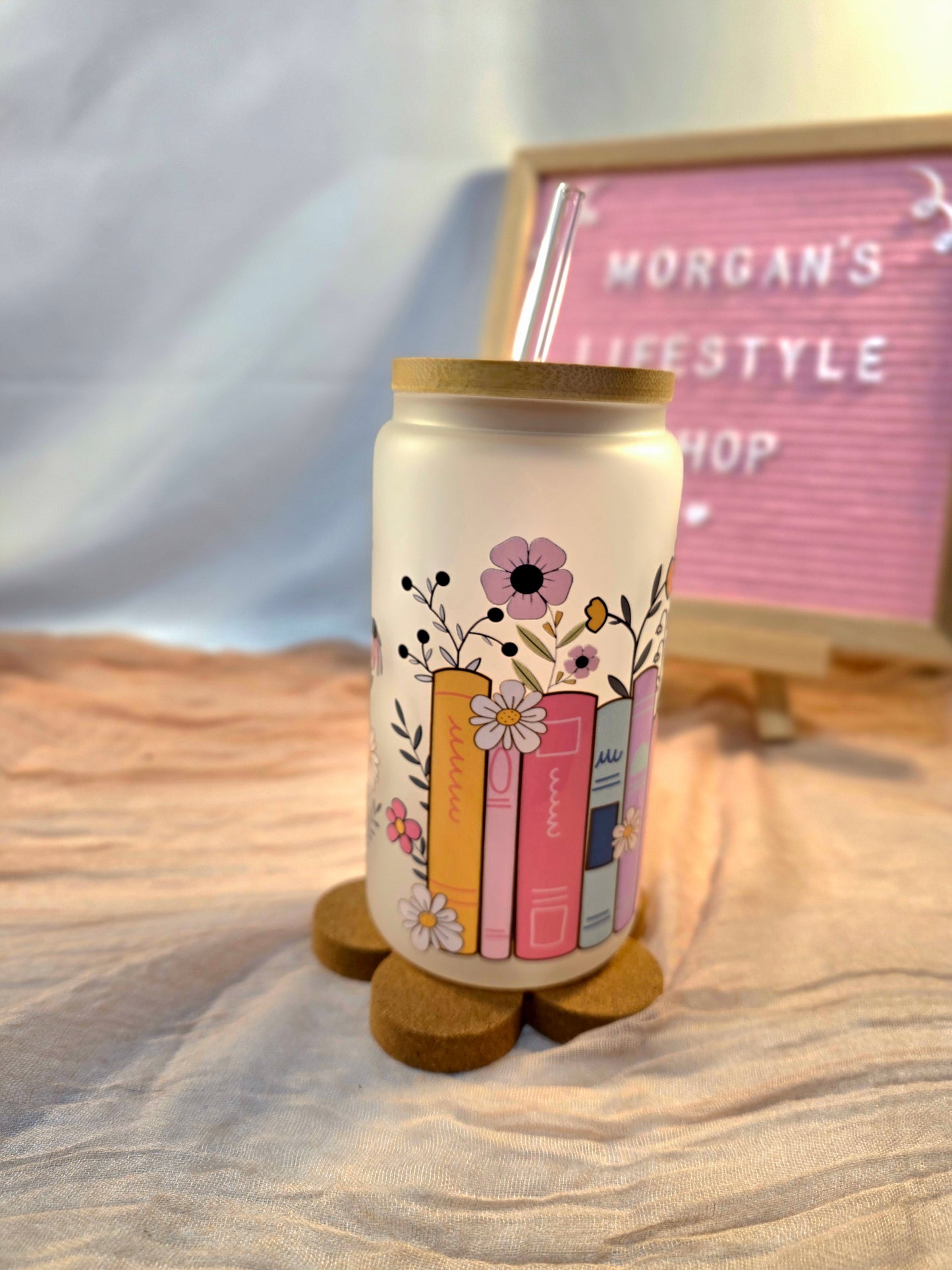 Books & Flowers 16oz Frosted Glass Cup with Vibrant DTF Wrap