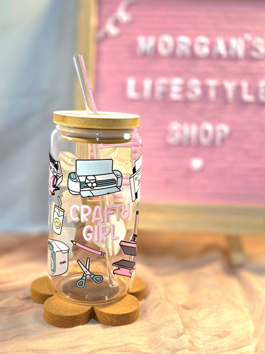 Crafty Girl 16oz Glass Cup with Vibrant DTF Wrap