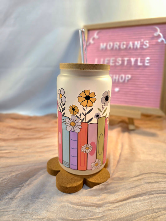 Books & Flowers 16oz Frosted Glass Cup with Vibrant DTF Wrap